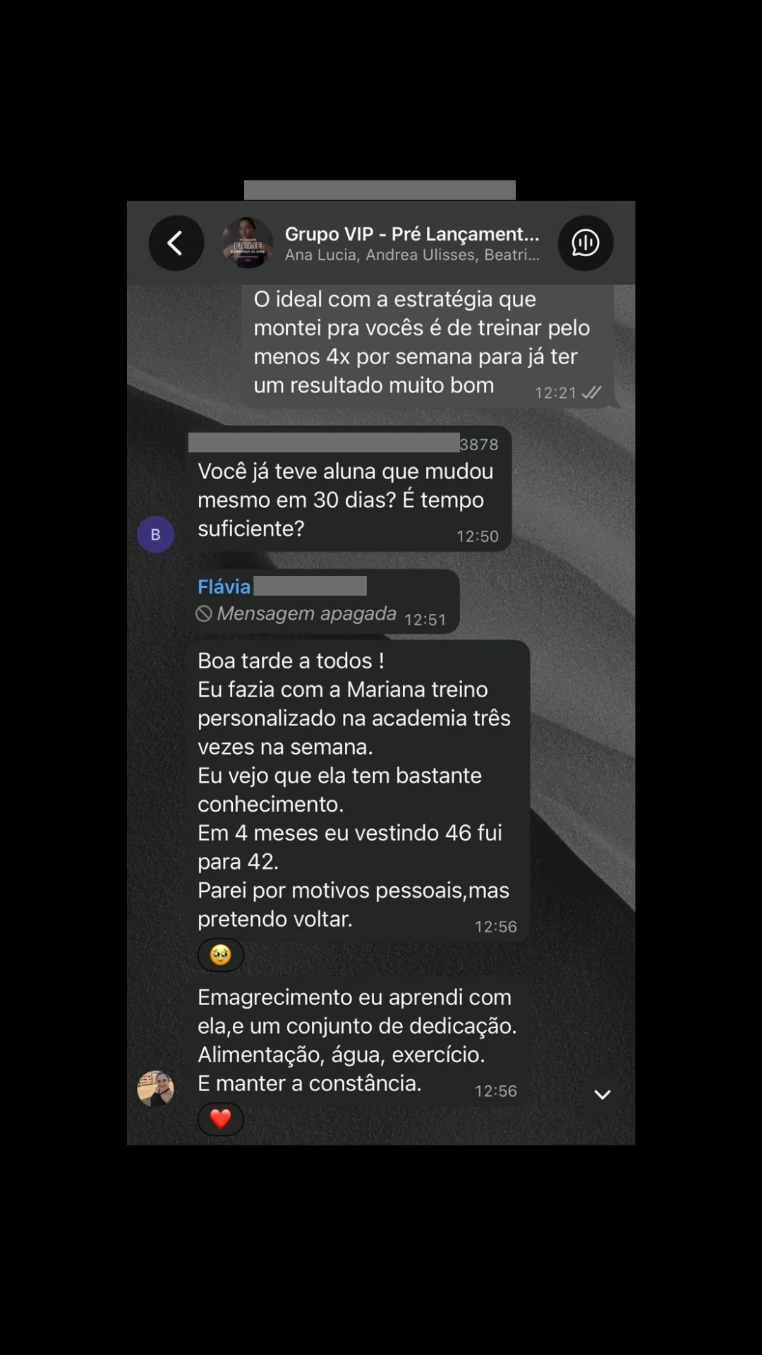 Mensagem de aluna relatando ter saído do manequim 46 para o 42 em quatro meses de treino