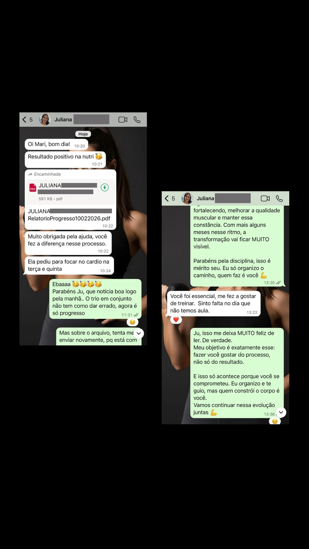 Mensagem de aluna contando o resultado positivo na avaliação nutricional após o acompanhamento